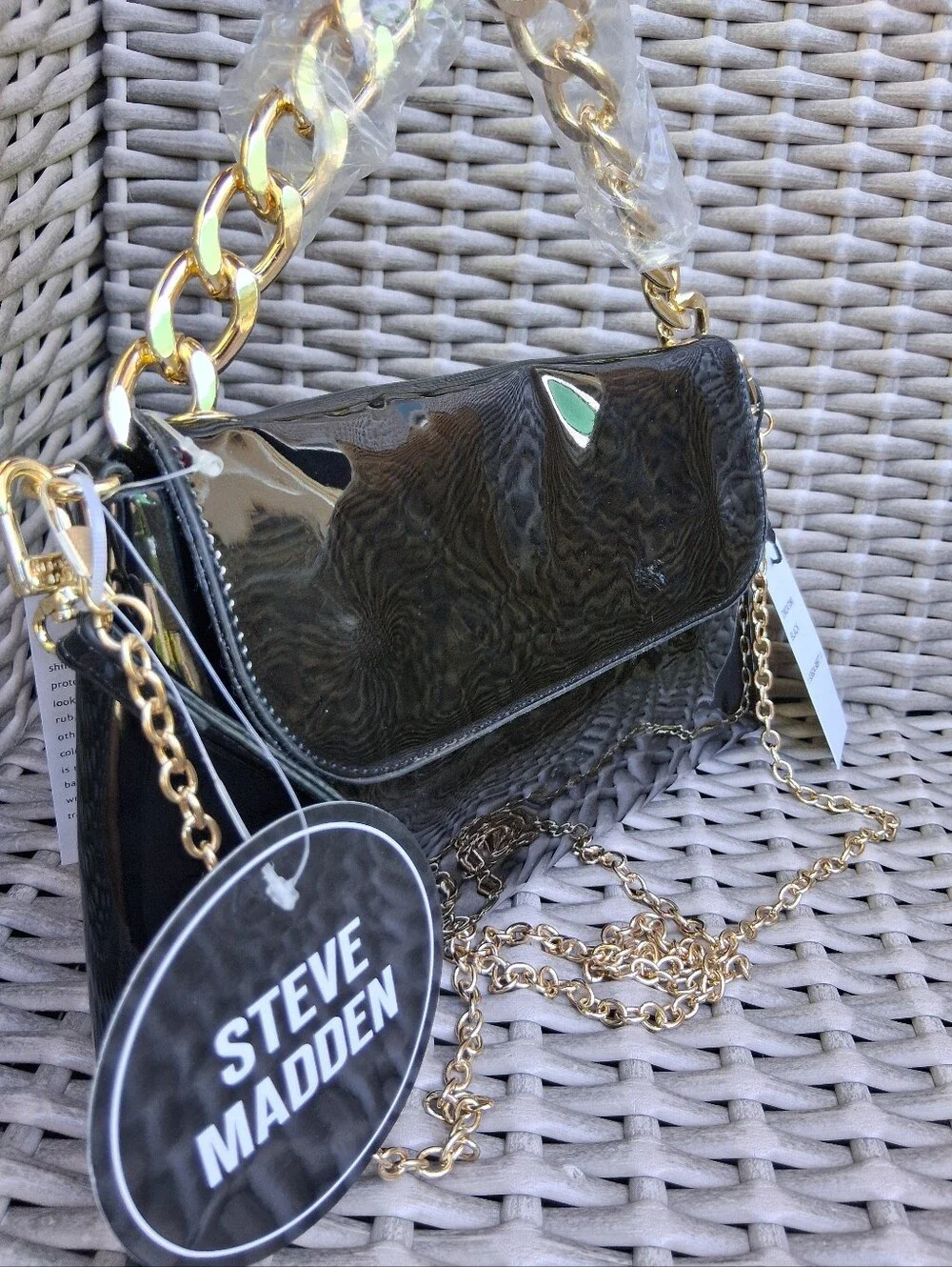 Steve Madden Black Patent Shoulder Bag with Gold Chain Accent